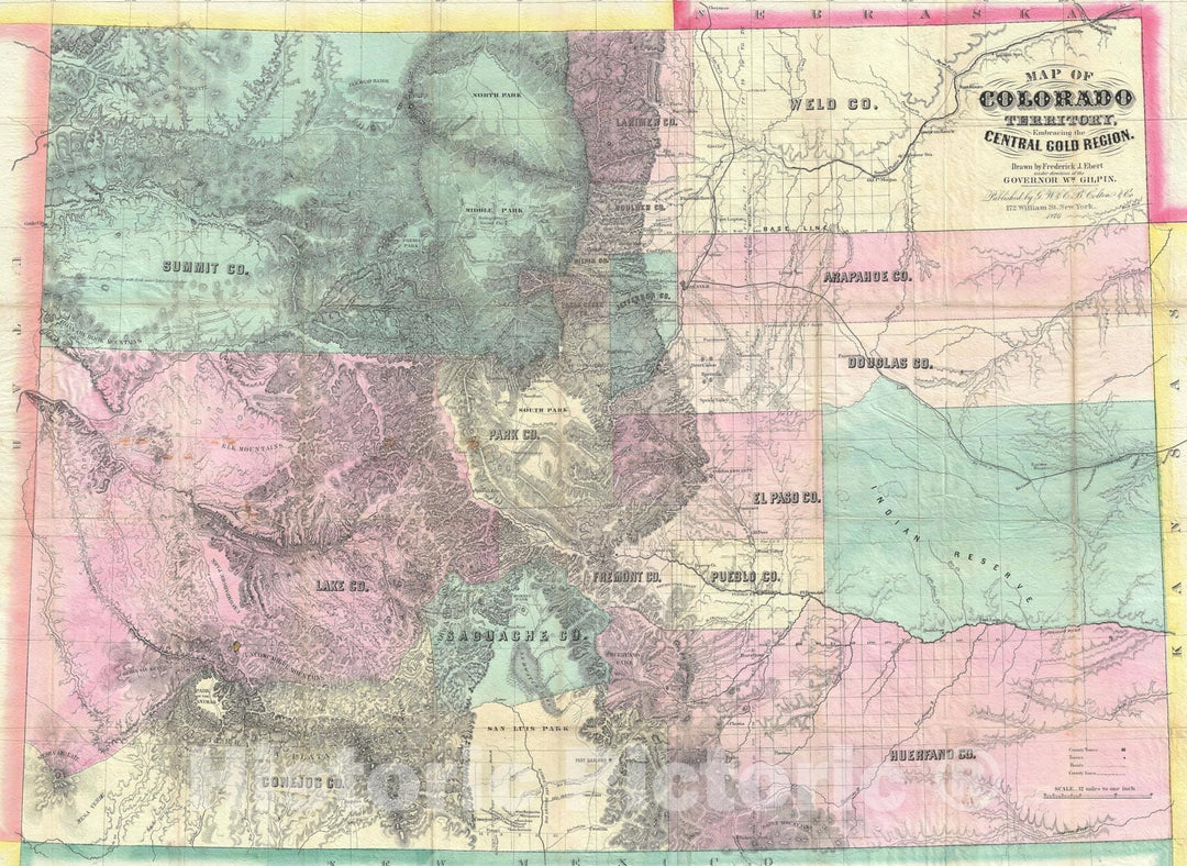 Historic Map : Colorado showing Gold Regions "Colton edition", Gilpin and Ebert, 1870, Vintage Wall Art