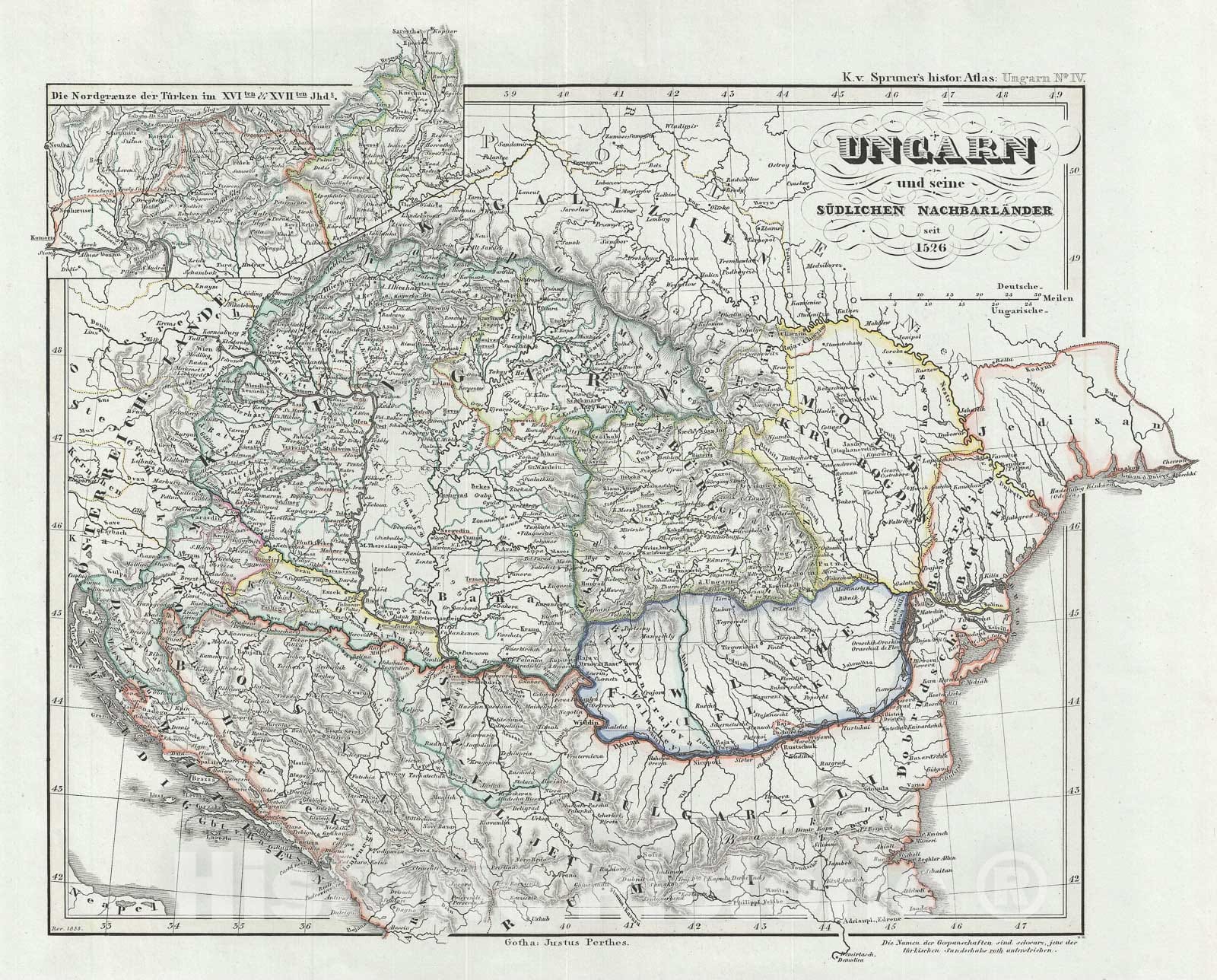 Historic Map : Hungary in 1526, Spruner, 1854, Vintage Wall Art