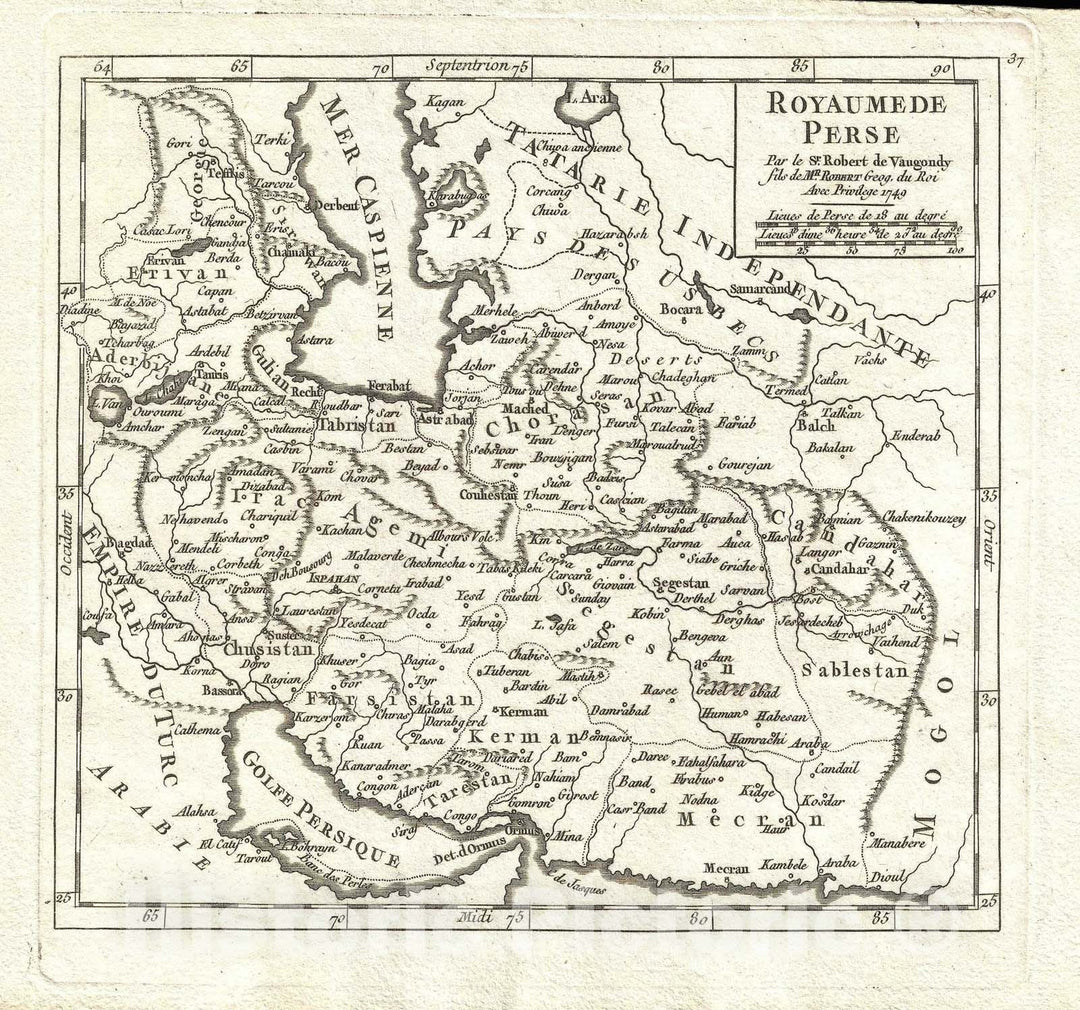 Historic Map : Iran and Central Asia, Vaugondy, 1749, Vintage Wall Art