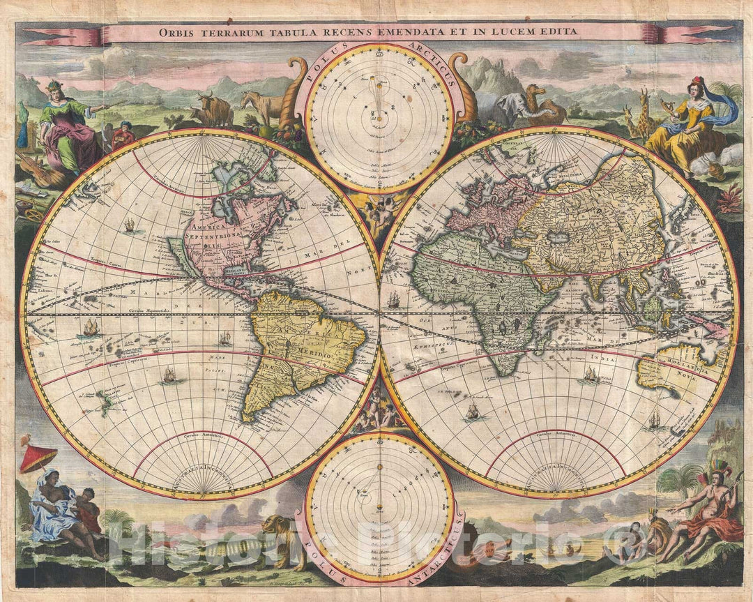 Historic Map : The World in Two Hemispheres, Stoopendaal - Visscher, 1702, Vintage Wall Art