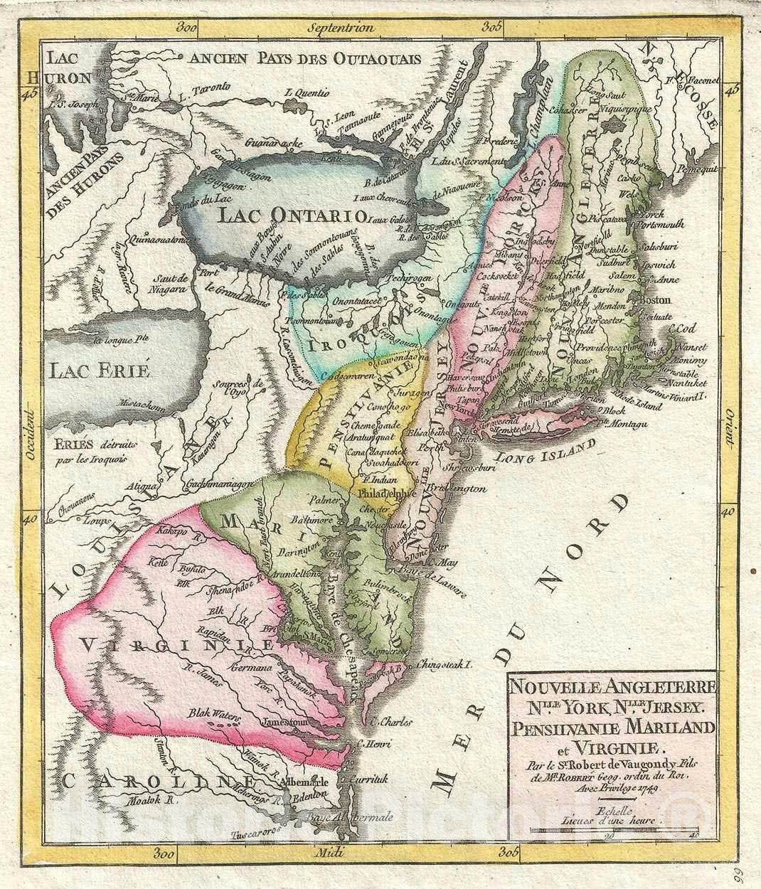 Historic Map : The English Colonies: New England, New York, Virginia, Vaugondy, 1749, Vintage Wall Art