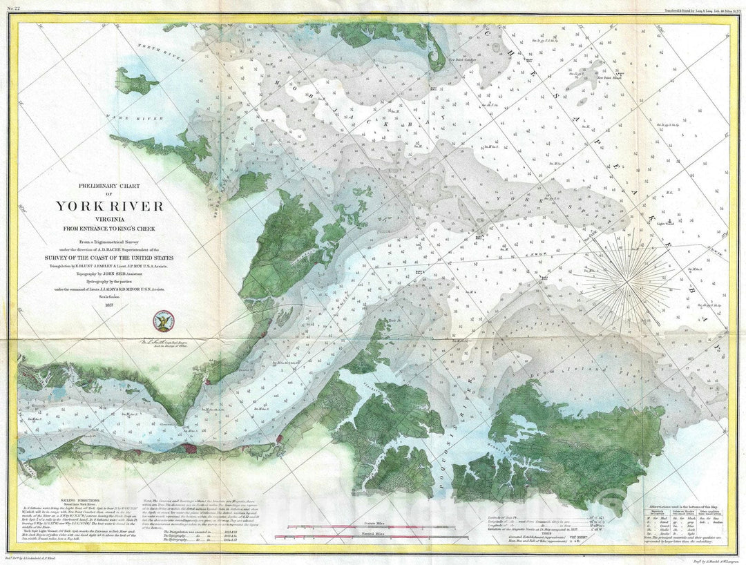 Historic Map : Nautical Chart Entrance to The York River, Virginia, U.S. Coast Survey, 1857, Vintage Wall Art