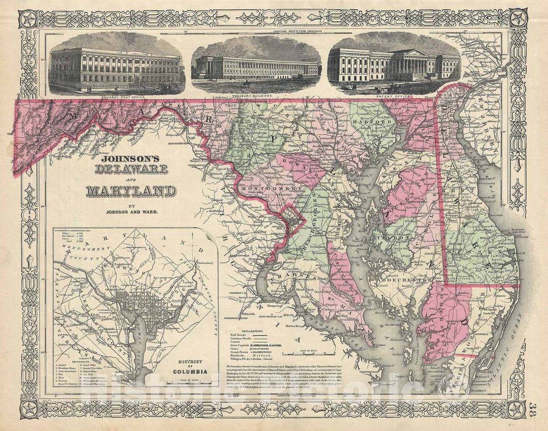 Historic Map : Maryland and Delaware, Johnson, 1866, Vintage Wall Art