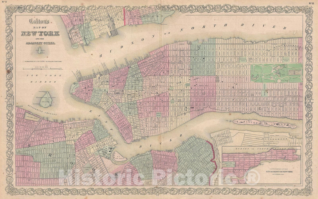 Historic Map : New York City w/ Brooklyn, Manhattan, and Hoboken, Colton, 1861, Vintage Wall Art