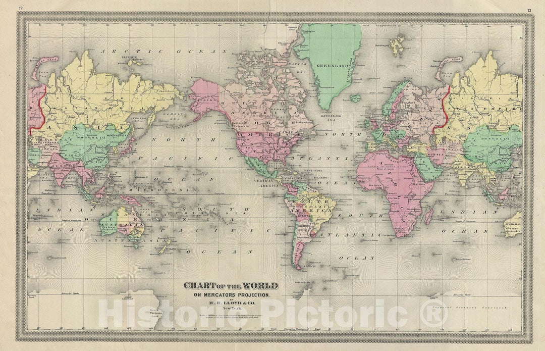 Historic Map : The World of Mercator's Projection, Lloyd, 1862, Vintage Wall Art