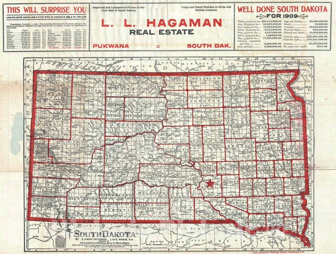 Historic Map : Peterson Promotional Real Estate Map of South Dakota, 1909, Vintage Wall Art