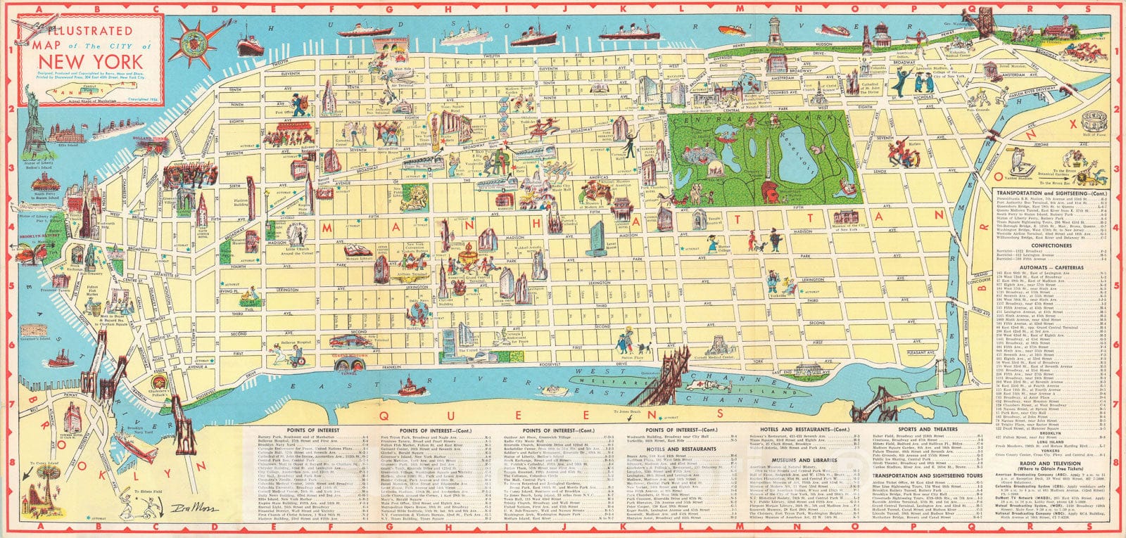 Historic Map : Moss Pictorial Map of Manhattan, New York City, 1956, Vintage Wall Art