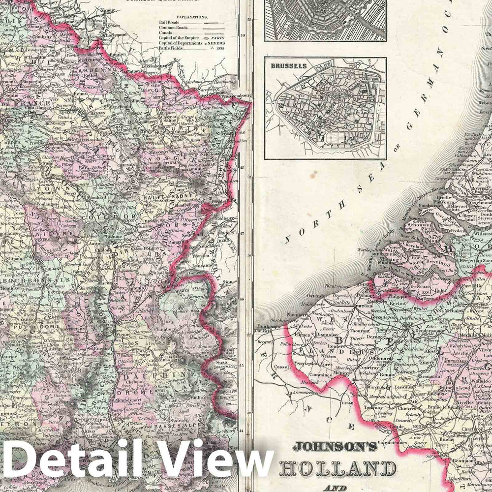 Historic Map : France, Holland and Bellgium, Johnson, 1861, Vintage Wall Art