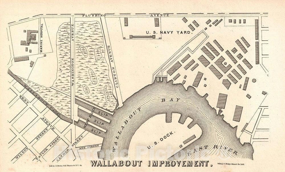 Historic Map : Map of Wallabout Bay at The Brooklyn Navy Yards, Brooklyn, NY, 1868, Vintage Wall Art