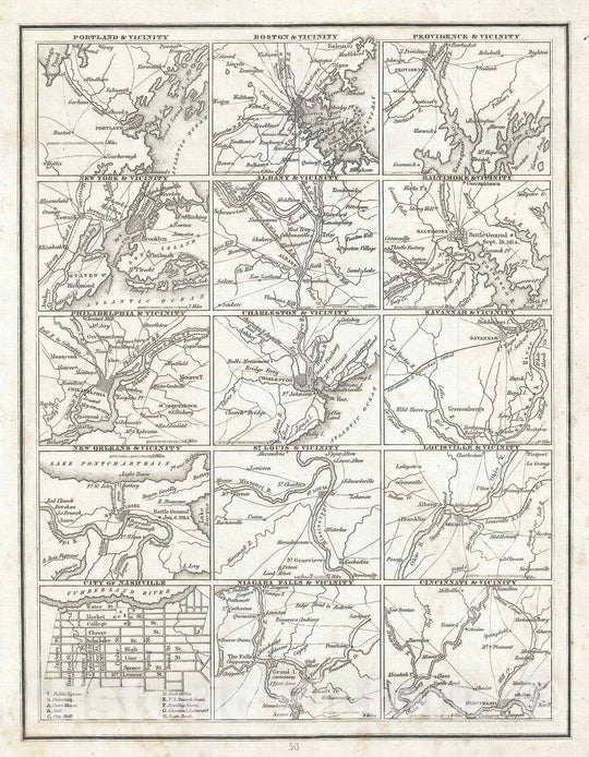 Historic Map : Plan of The Principal Cities in The United States, BraArtd, 1835, Vintage Wall Art