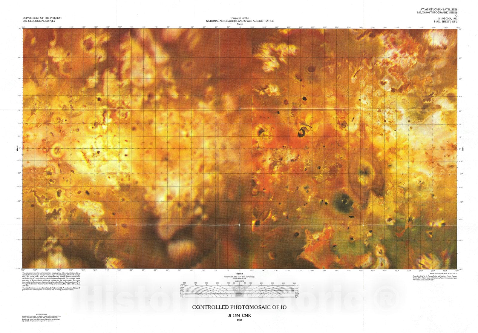 Historic Map : or Photomosaic of Io, Moon of Jupiter, U.S. Geological Survey, 1987, Vintage Wall Art