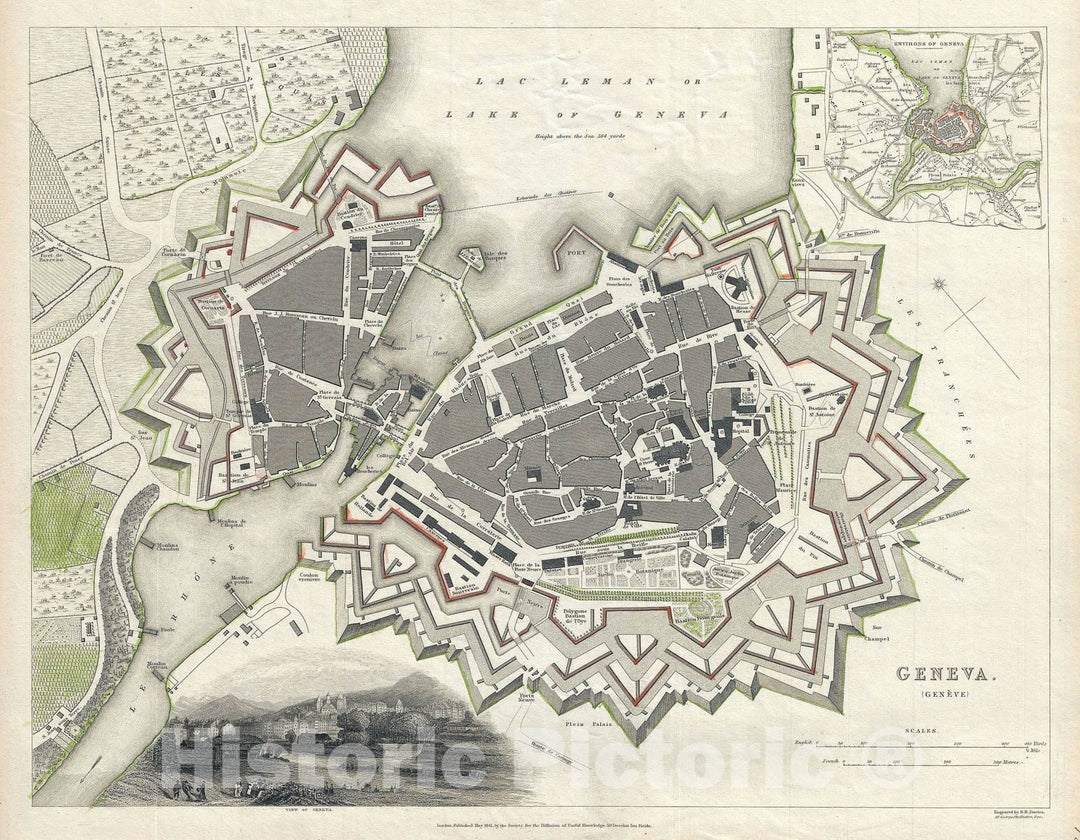 Historic Map : Plan of Geneva, Switzerland, S.D.U.K., 1841, Vintage Wall Art