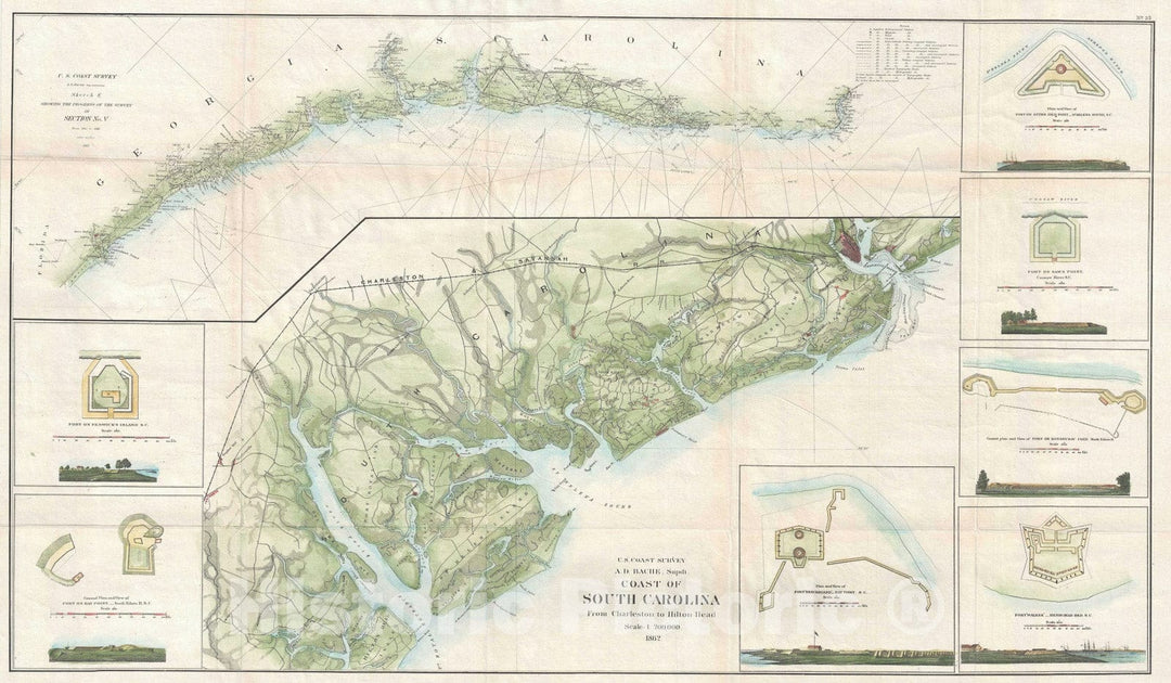 Historic Map : Nautical Chart Coast of South Carolina and Georgia, U.S. Coast Survey, 1862, Vintage Wall Art