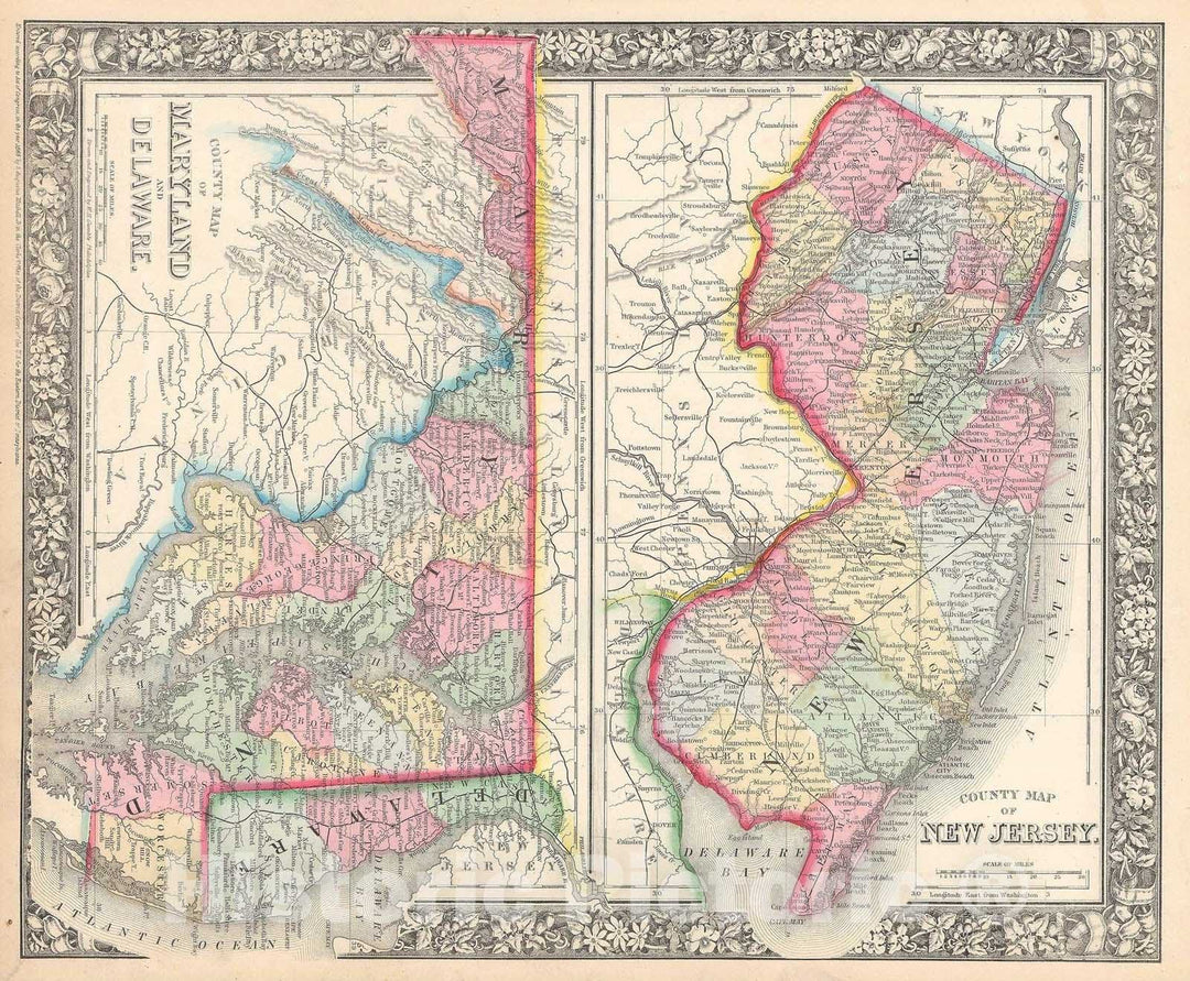 Historic Map : New Jersey, Maryland, and Delaware, Mitchell, 1866, Vintage Wall Art