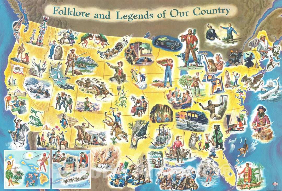 Historic Map : Soltesz Pictorial Map of American Folklore and Legends, 1960, Vintage Wall Art