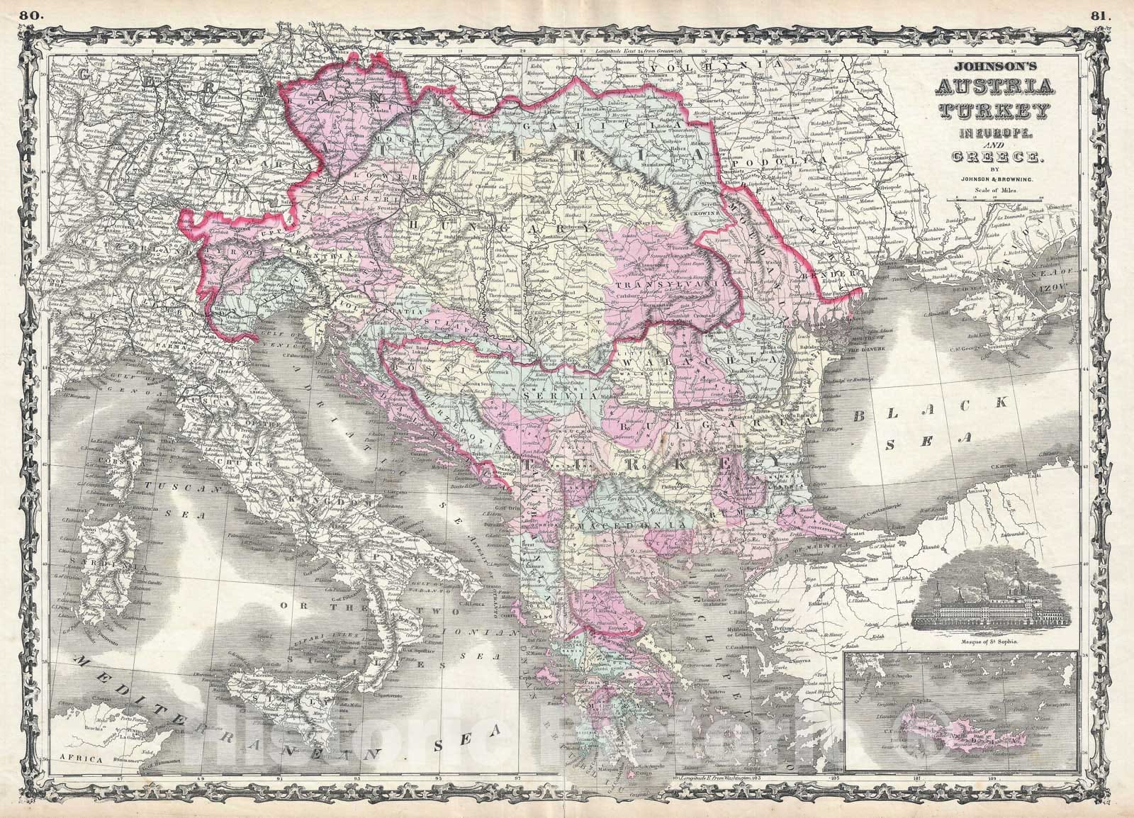 Historic Map : Austria, Turkey in Europe and Greece, Johnson, 1861, Vintage Wall Art