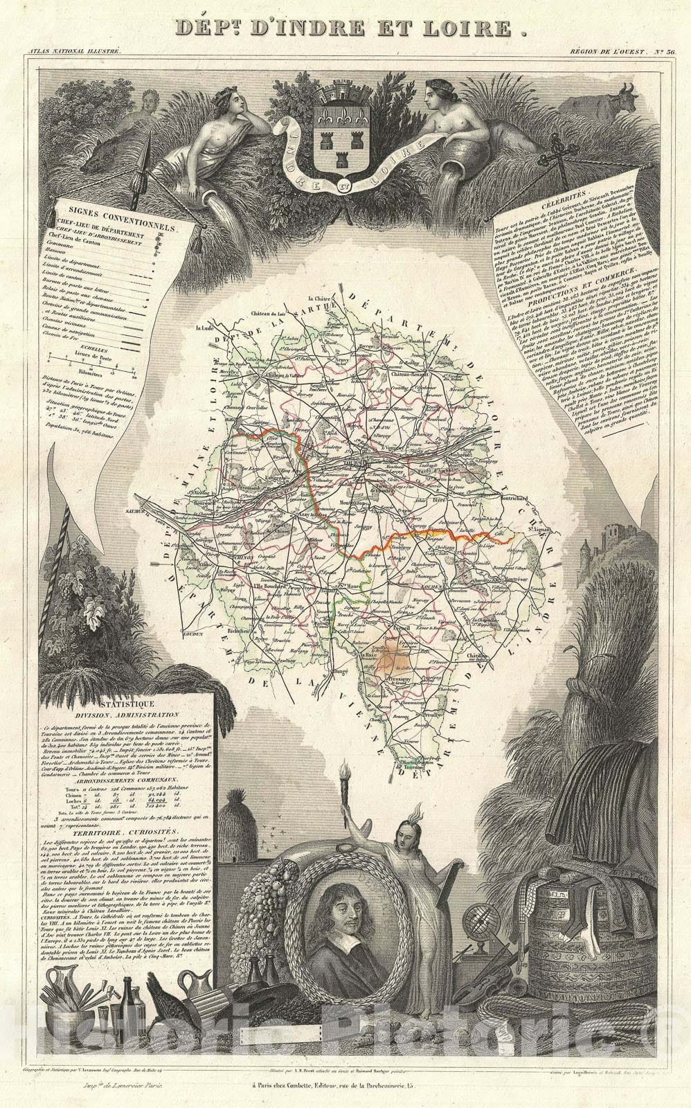 Historic Map : The Department d'Indre Et Loire, France "Chenin Wine Region", Levasseur, 1852, Vintage Wall Art