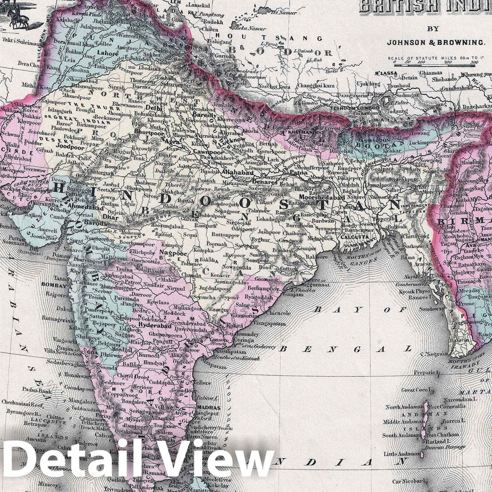 Historic Map : India "Hindostan or British India", Johnson, 1861, Vintage Wall Art