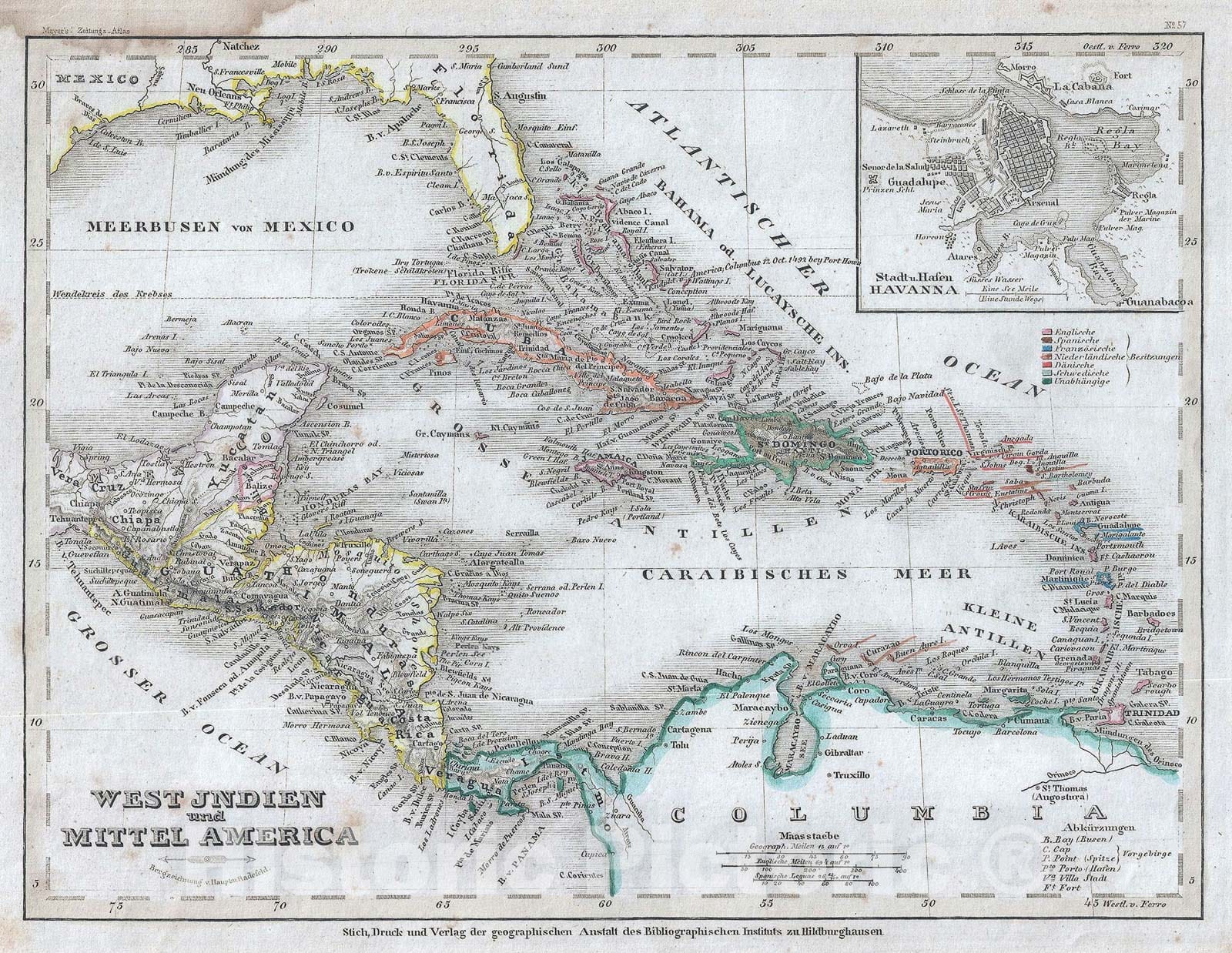 Historic Map : The West Indies and Central America, Meyer, 1852, Vintage Wall Art