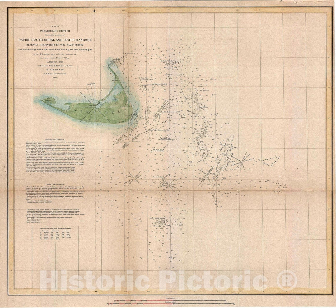 Historic Map : Nantucket and The Davis Shoals, U.S. Coast Survey, 1851, Vintage Wall Art