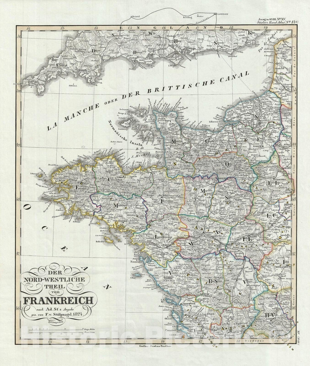 Historic Map : Northwestern France, Perthes, 1851, Vintage Wall Art