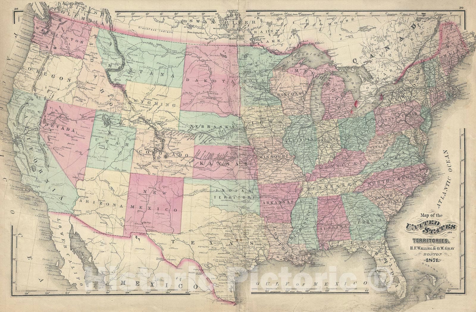 Historic Map : The United States, Walling and Gray, 1871, Vintage Wall Art