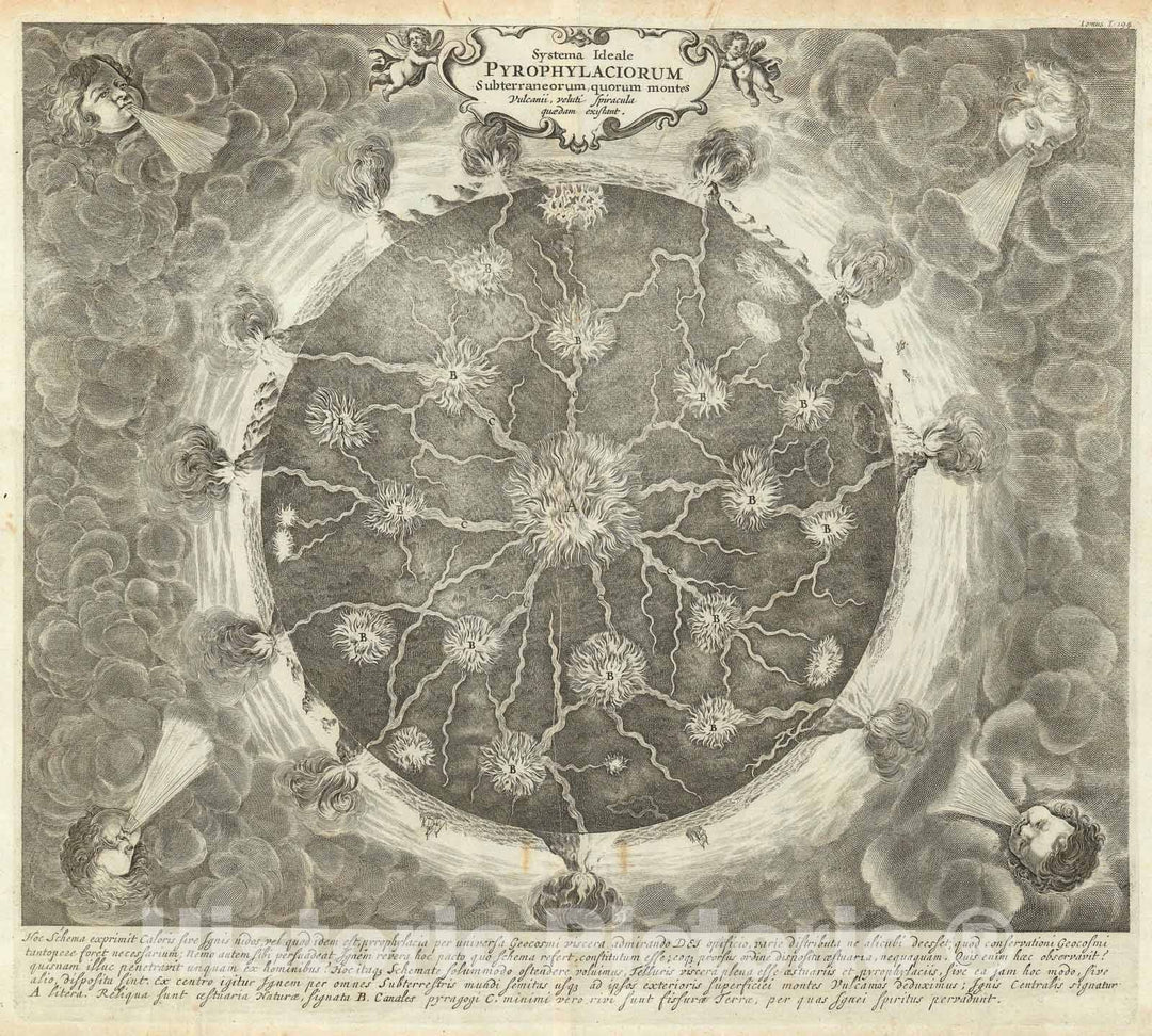 Historic Map : The Interior of The World w/Volcanic Systems, Kircher, 1665, Vintage Wall Art