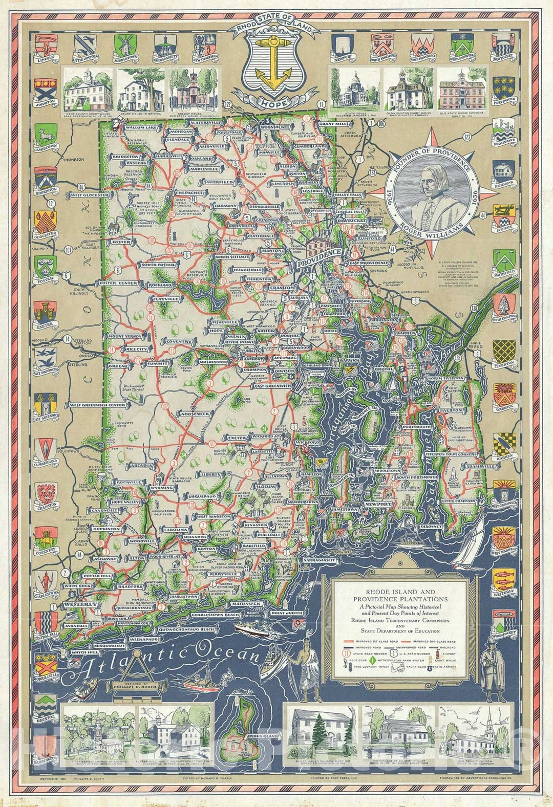 Historic Map : Booth Pictorial Map of Rhode Island and Narragansett Bay, 1936, Vintage Wall Art