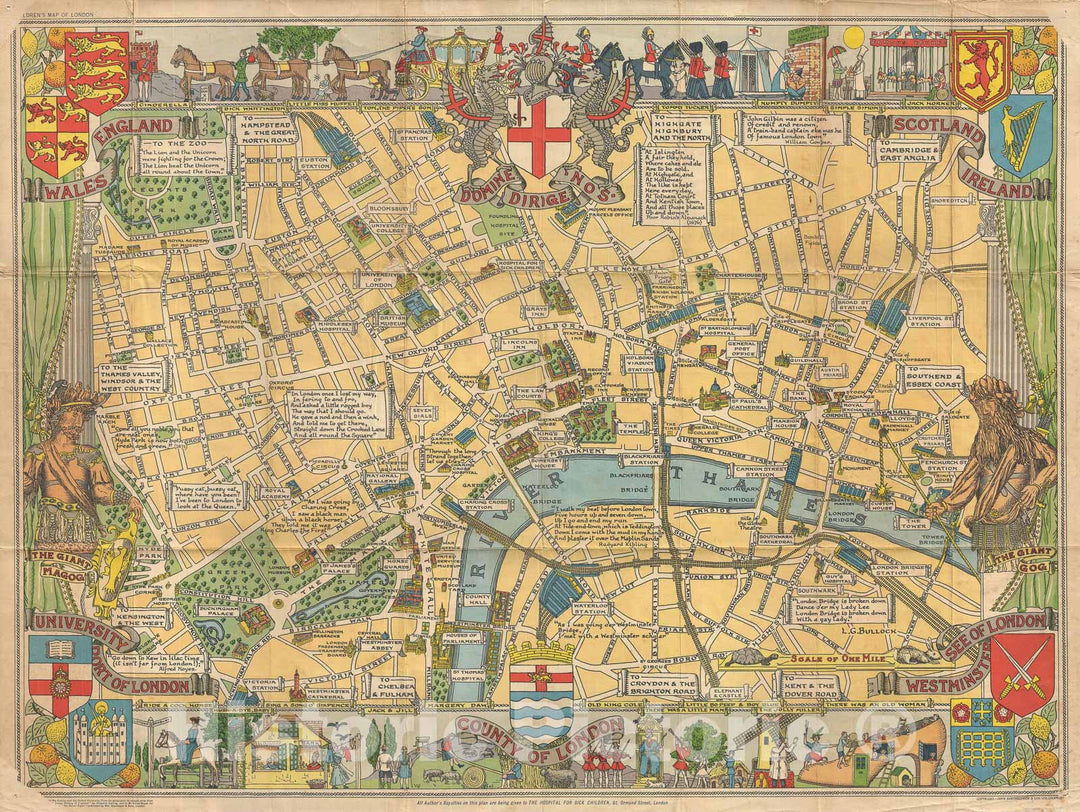 Historic Map : Children's Pictorial map of London, Bartholomew, 1955, Vintage Wall Art