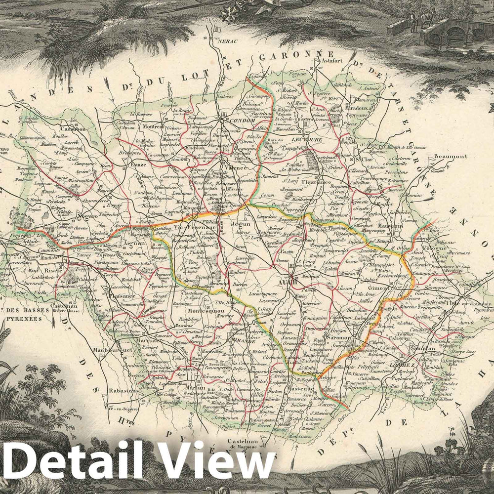 Historic Map : The Department du Gers, France "Armagnac Region", Levasseur, 1852, Vintage Wall Art