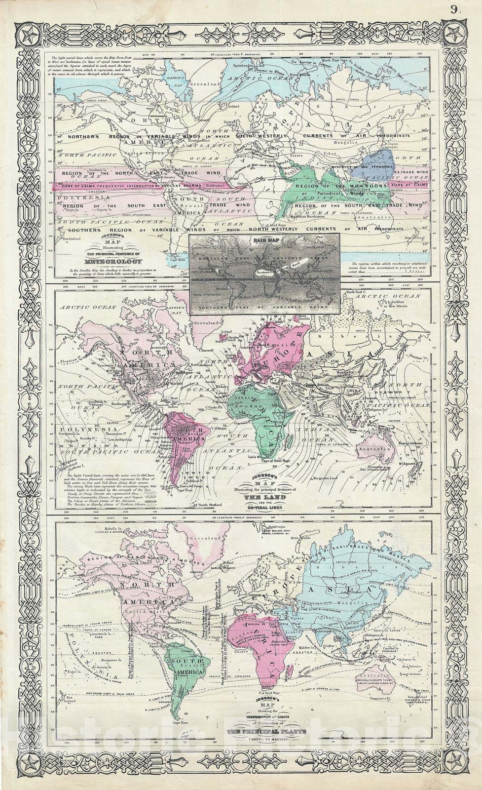 Historic Map : The World showing Meteorology, Co-Tidal Lines and Plants, Johnson, 1864, Vintage Wall Art