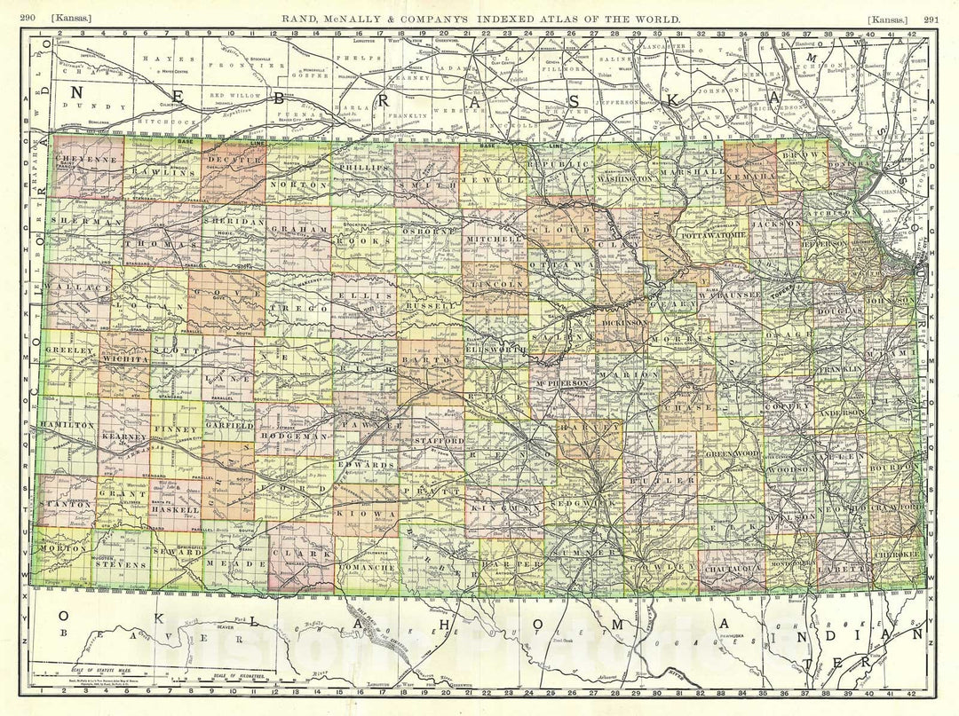 Historic Map : Kansas, Rand McNally, 1888, Vintage Wall Art