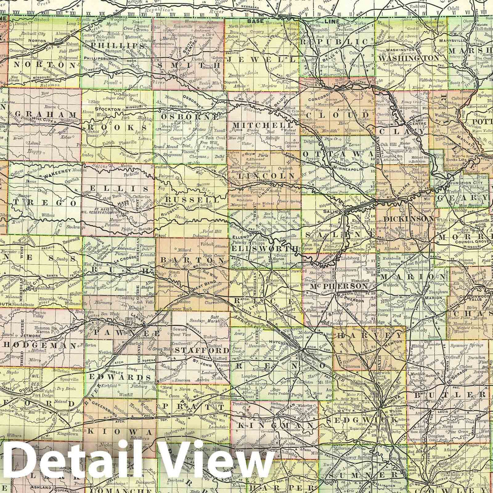 Historic Map : Kansas, Rand McNally, 1888, Vintage Wall Art