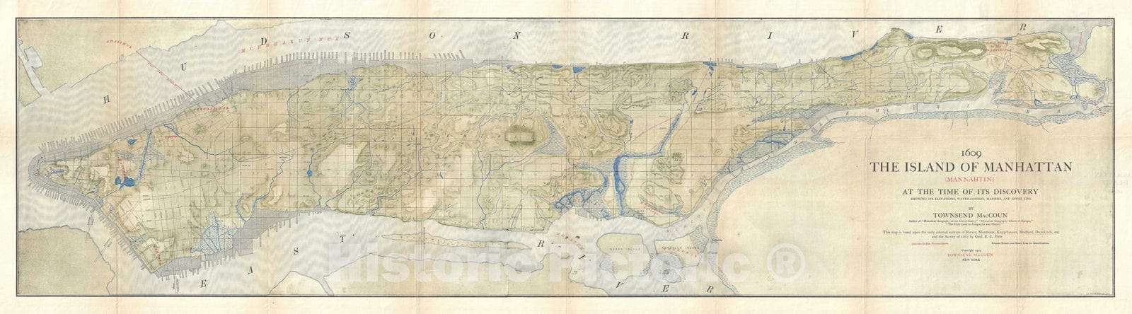 Historic Map : Manhattan, New York, in 1609 w/ Indian Tribes, MacCoun, 1909, Vintage Wall Art