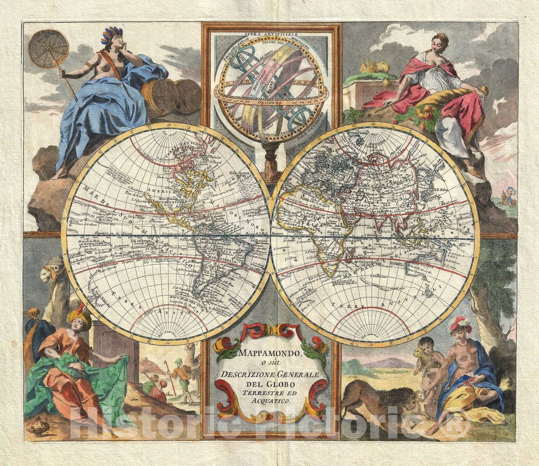 Historic Map : The World in Hemispheres, Albrizzi, 1740, Vintage Wall Art