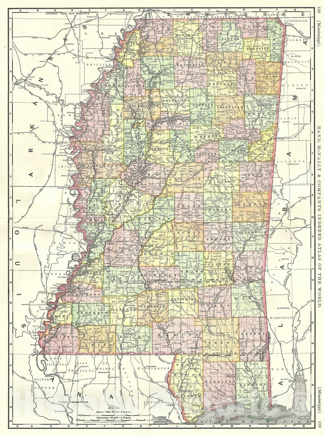 Historic Map : Mississippi, Rand McNally, 1892, Vintage Wall Art