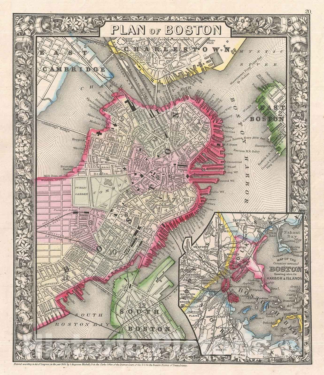 Historic Map : Boston, Massachusetts, Mitchell, 1866, Vintage Wall Art