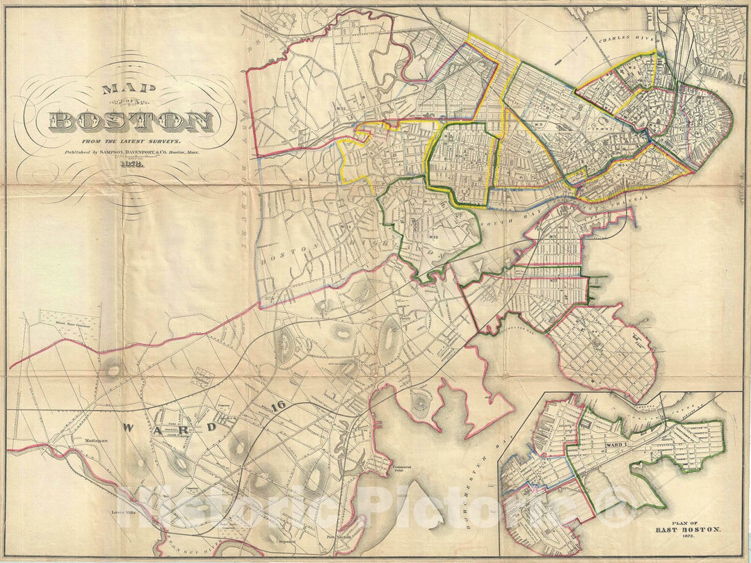 Historic Map : Plan of Boston, Massachusetts, Sampson and Davenport, 1872, Vintage Wall Art