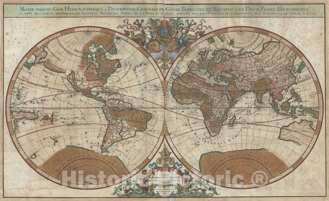 Historic Map : The World on Hemisphere Projection, Sanson, 1691, Vintage Wall Art