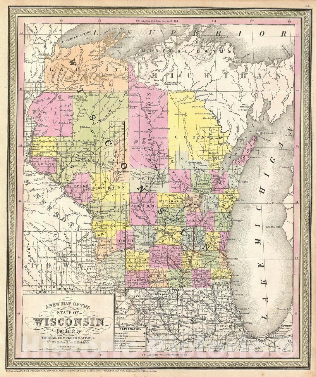 Historic Map : Wisconsin, Mitchell, 1854, Vintage Wall Art