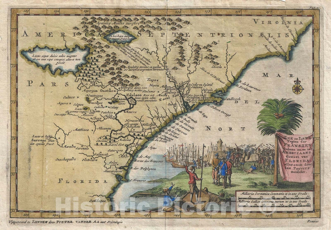 Historic Map : Carolina, Florida, and Virginia, Van der Aa, 1707, Vintage Wall Art