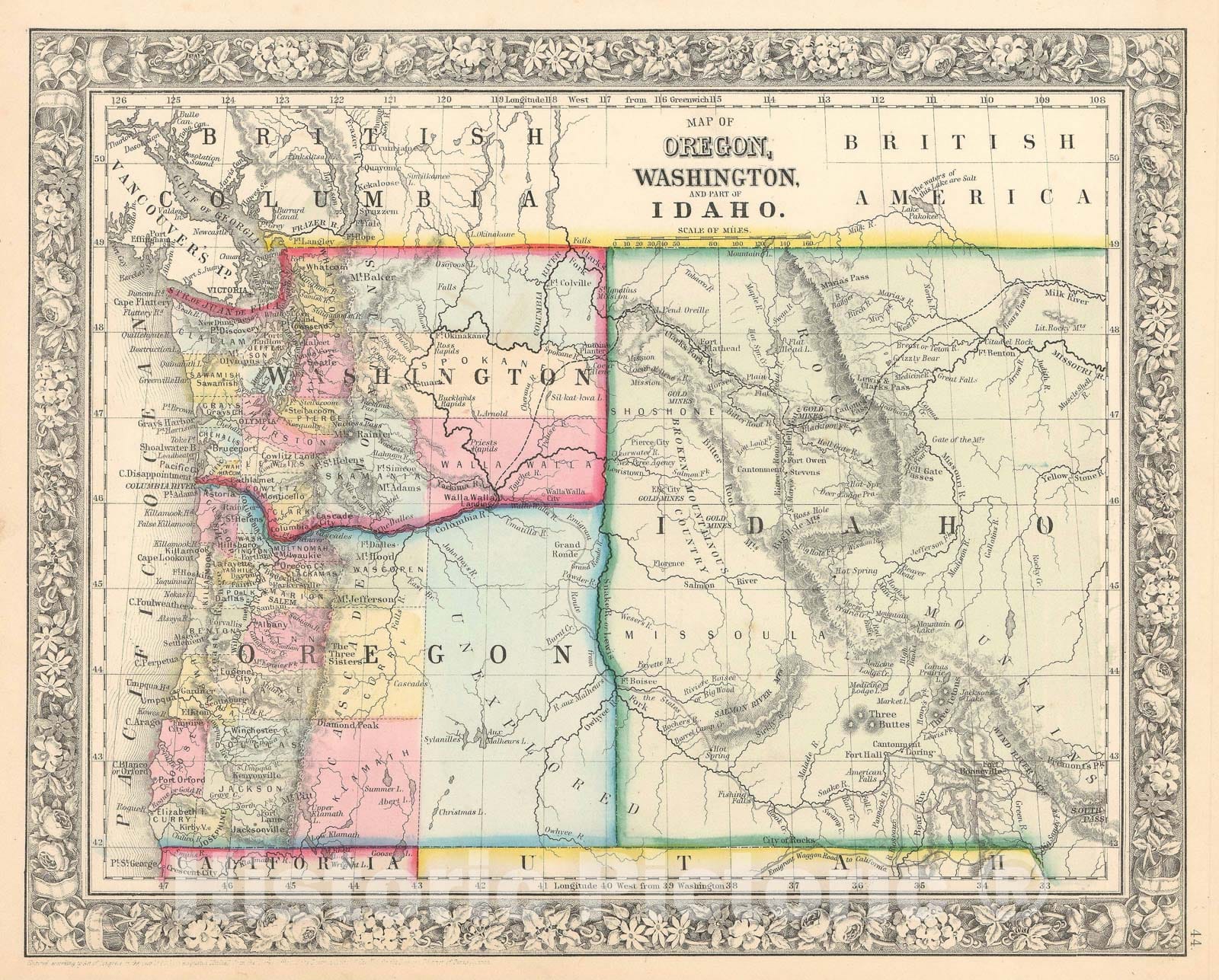 Historic Map : The Pacific Northwest: Washington, Oregon, Idaho, Mitchell, 1863, Vintage Wall Art