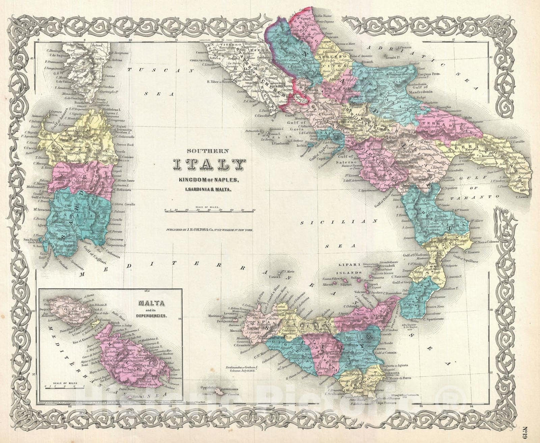 Historic Map : Southern Italy, Sicily, Sardinia and Malta, Colton's, 1855, Vintage Wall Art