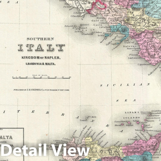 Historic Map : Southern Italy, Sicily, Sardinia and Malta, Colton's, 1855, Vintage Wall Art