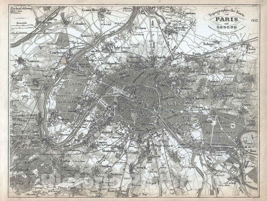 Historic Map : Plan of Paris and its Environs, Meyer, 1853, Vintage Wall Art