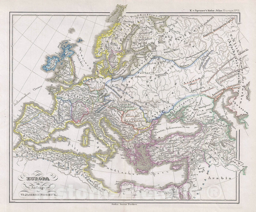 Historic Map : Europe at The end of The 5th and beginning of The 6th Century, Spruner, 1854, Vintage Wall Art