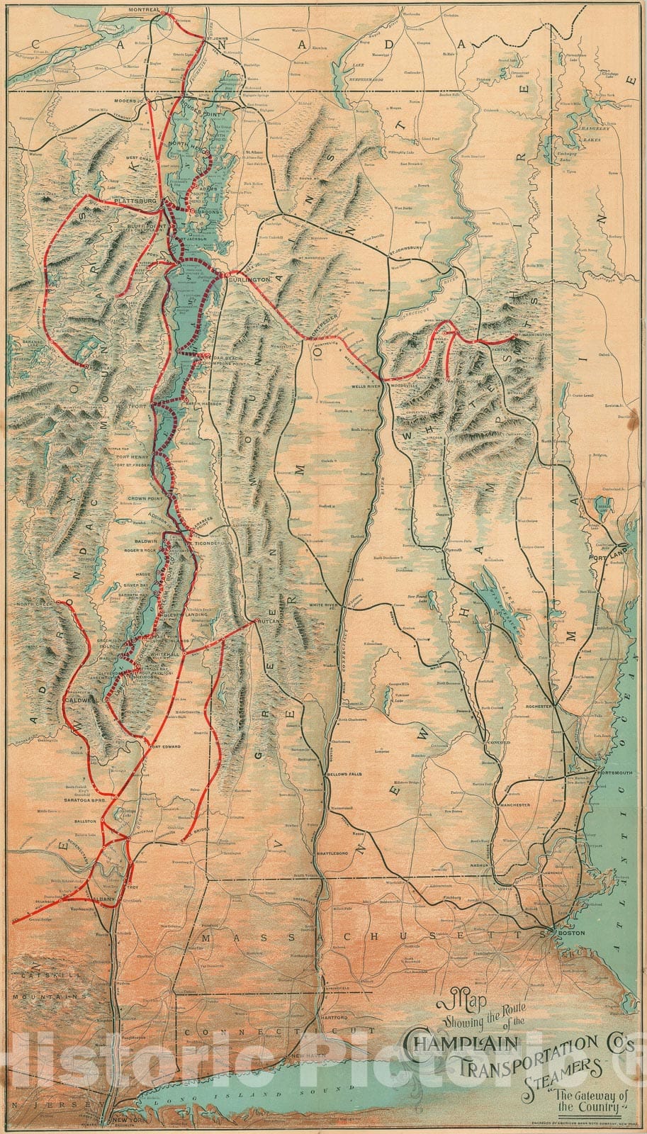 Historic Map : Lake Champlain Transportation Map of New York to Montreal, 1898, Vintage Wall Art