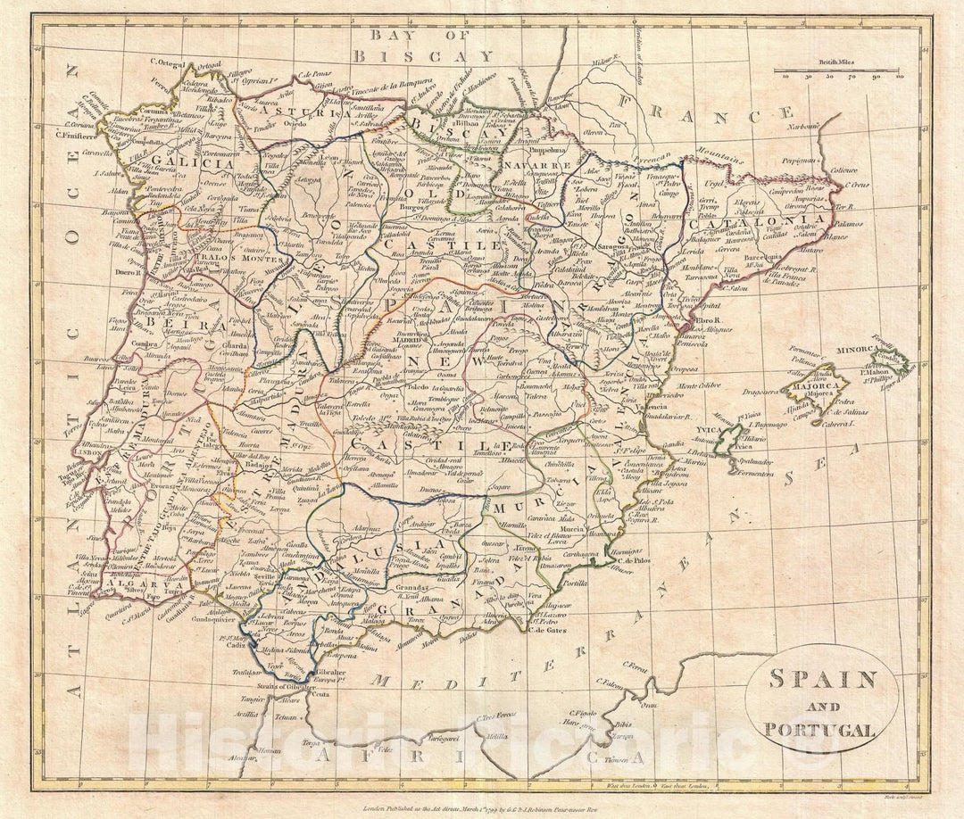 Historic Map : Spain and Portugal, Clement Cruttwell, 1799, Vintage Wall Art