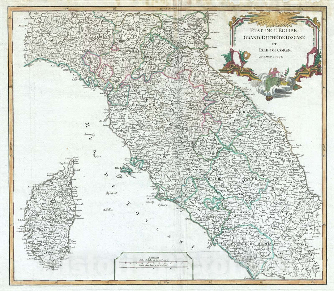 Historic Map : Central Italy "Tuscany and Corsica", Vaugondy, 1750, Vintage Wall Art