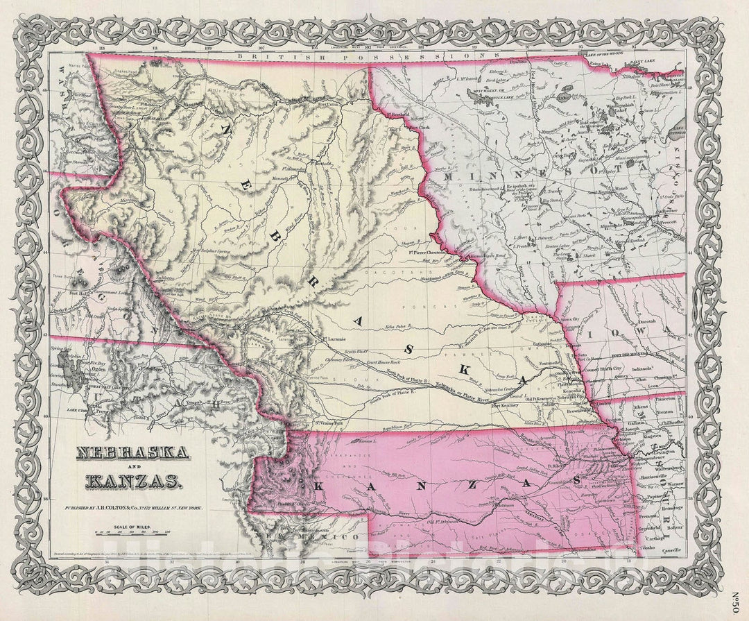 Historic Map : Nebraska and Kansas, Colton, 1856, Vintage Wall Art